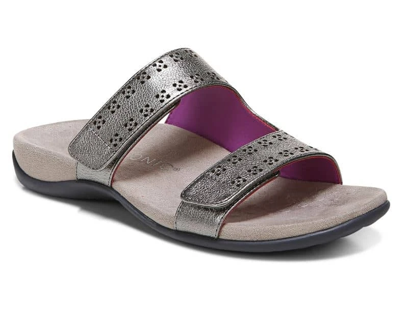 Vionic Women's Nakia Adjustable Slide Sandals Pewter Leather Metallic 4 Vionic Women's Nakia Adjustable Slide Sandals Pewter Leather Metallic - Image 2